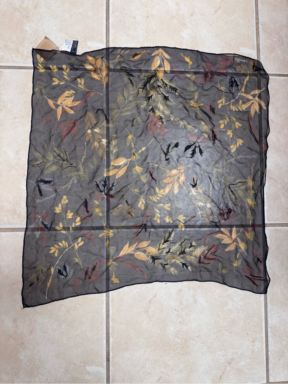 Harold's Vintage Silk Black Scarf with Mustard and Olive Leaf Print